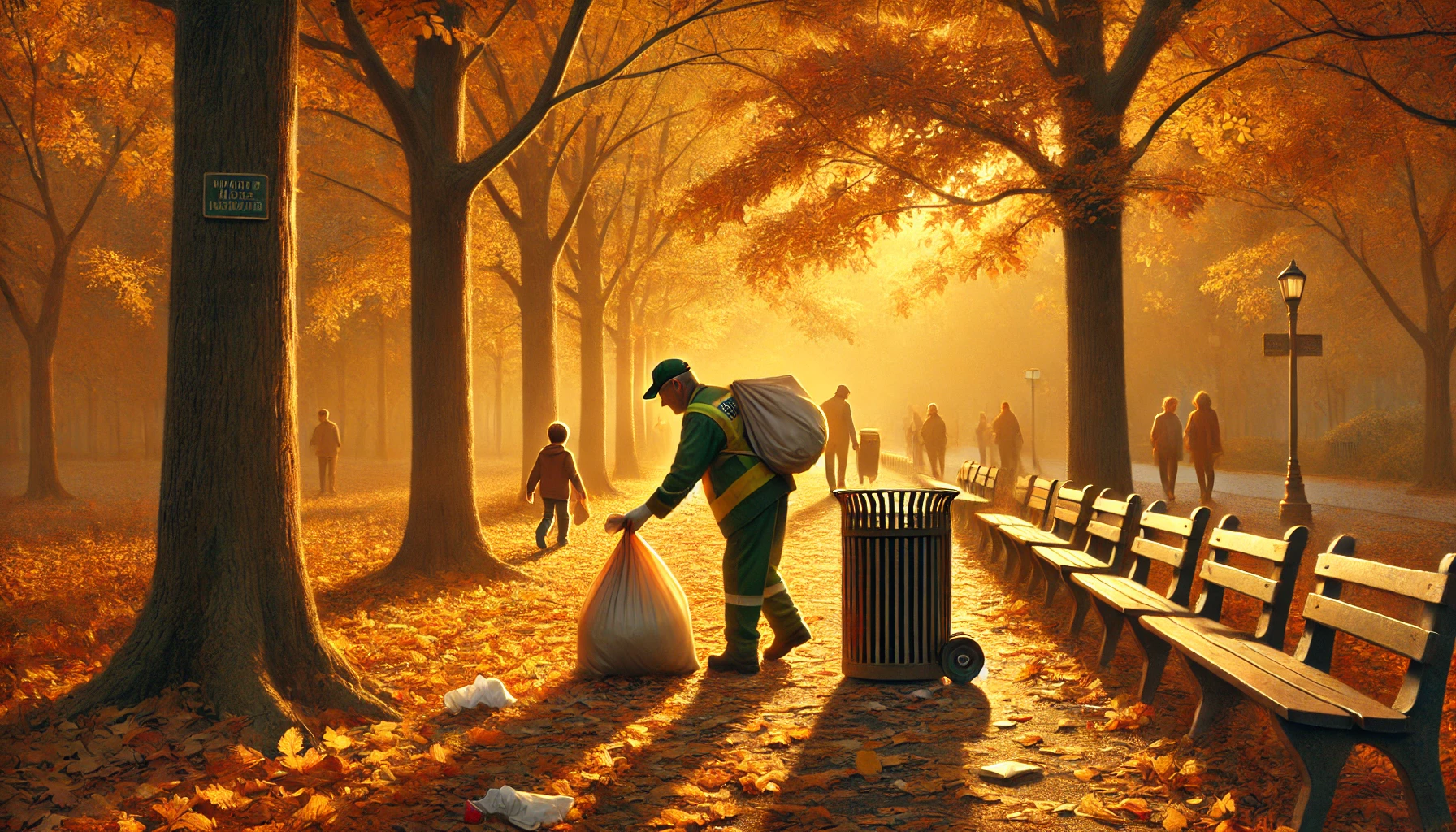 DALL·E 2025-04-17 13.25.22 - A realistic digital painting of a park during autumn at sunset, featuring a sanitation worker bending down to pick up yellow leaves and a crumpled sna