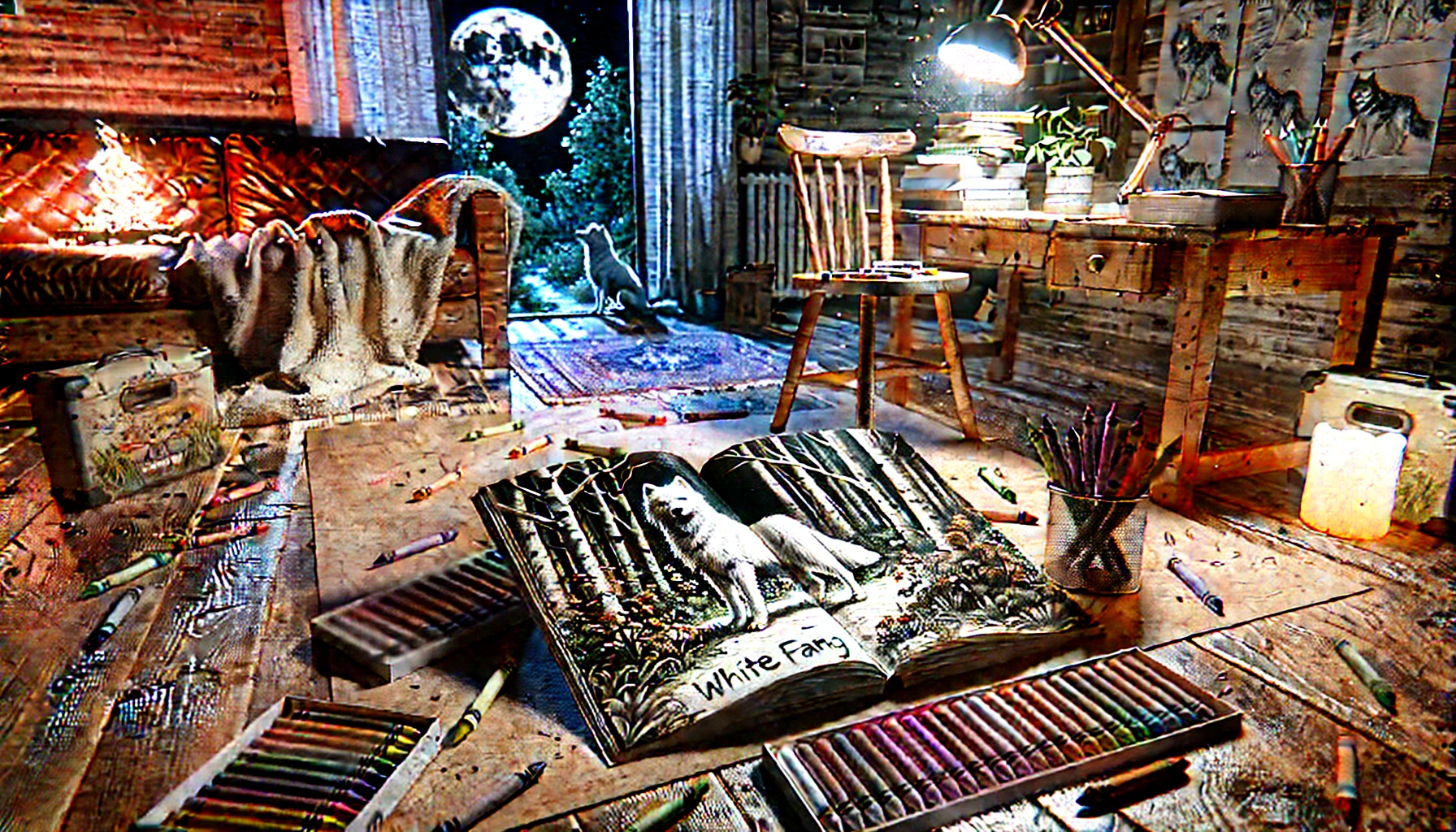 DALL·E 2025-04-18 19.39.24 - A realistic digital painting of a cozy nighttime indoor scene, showing an open sketchbook lying on the floor with colorful crayons scattered around. T